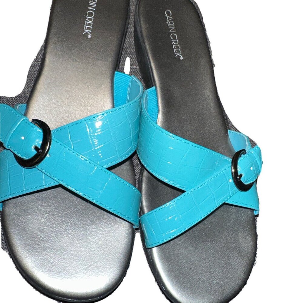 Cabin Creek Blue Tones Open Toe Buckle Accent Wedge Heel Slip On Size 8M women's